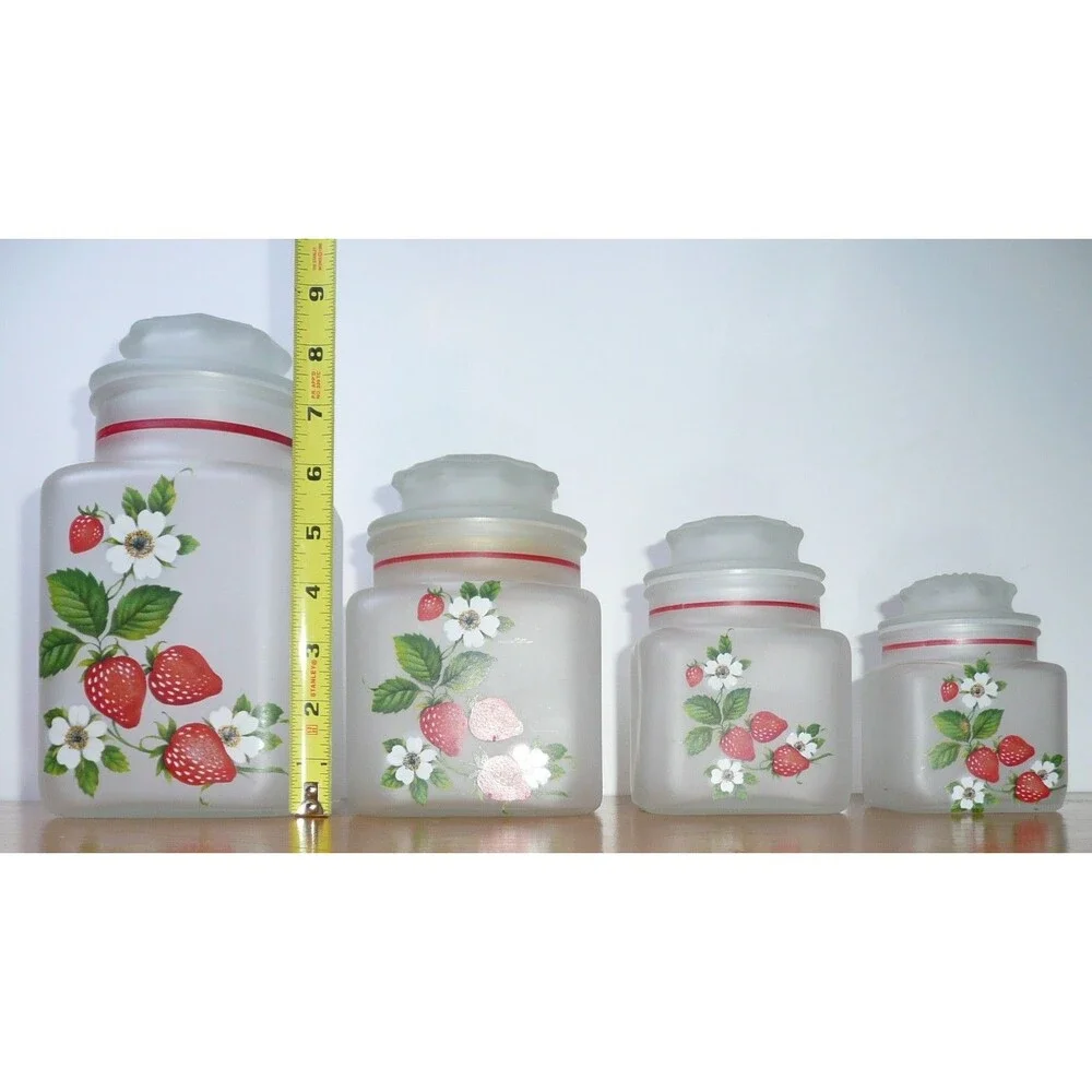 Vintage Anchor Hocking Strawberry Canister Set, 4 Piece Frosted/Satin Glass